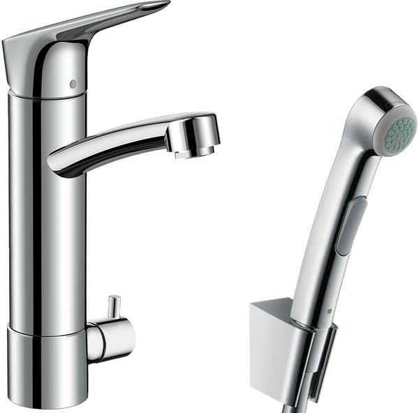 Single lever basin mixer with device shut-off valve with bidette hand shower and shower hose 160 cm