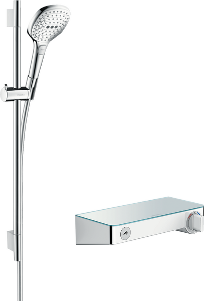 Shower system for exposed installation 120 with ShowerTablet Select thermostat and shower bar 65 cm