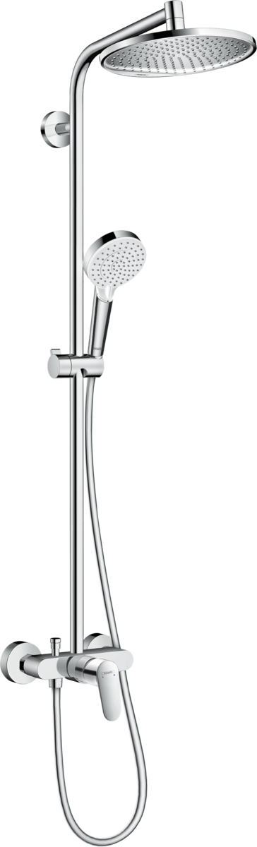 Colonne de douche mécanique avec pommeau rond + douchette 1 jet + flexible  + barre réglable, chrome, Hansgrohe Crometta S 240
