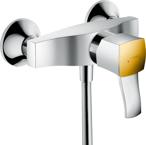 Single lever shower mixer for exposed installation with lever handle