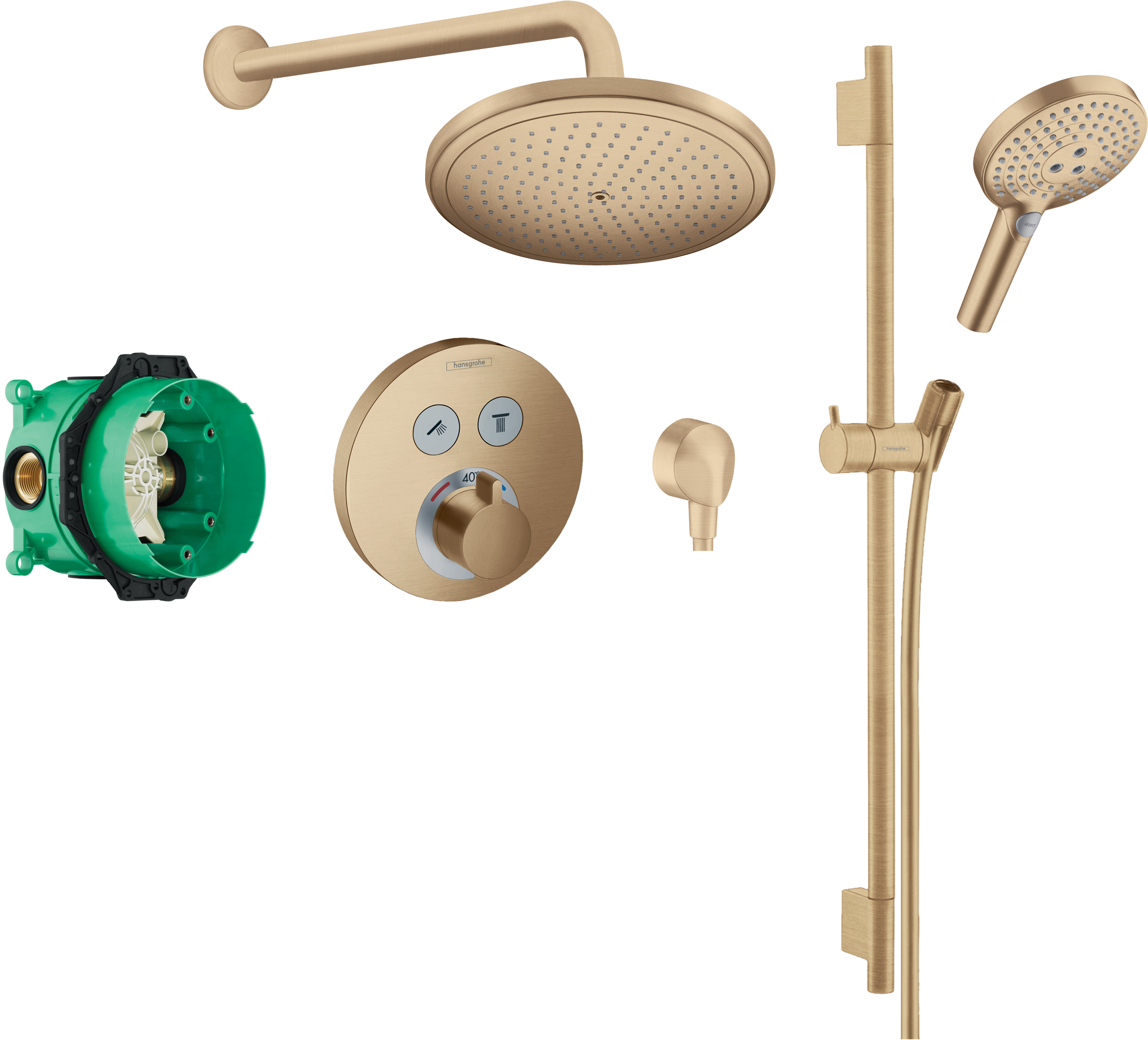 Round Select concealed valve with Croma (280) overhead and Select rail kit BBR