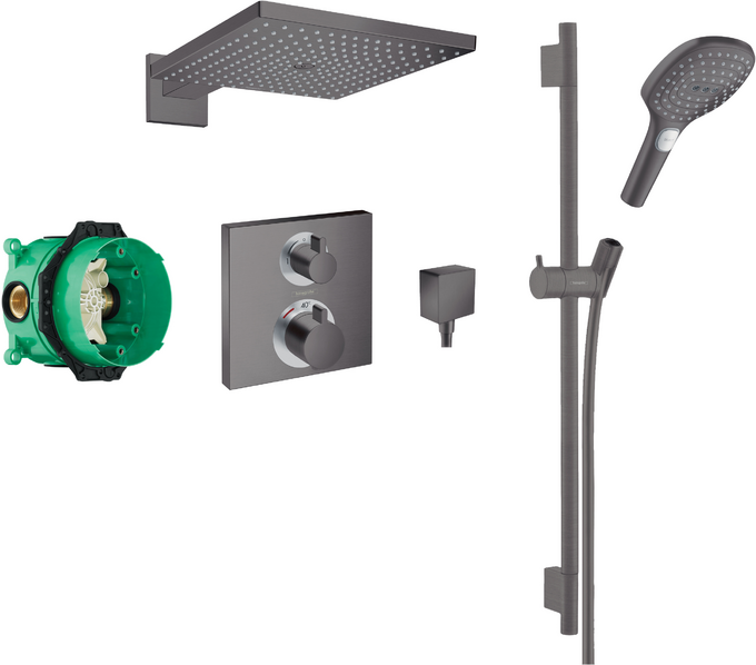 Square concealed valve with Raindance (300) overhead and Select rail kit BBC