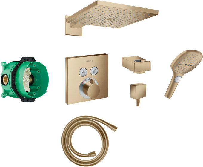 Square Select concealed valve with Raindance (300) overhead and Select hand shower BBR