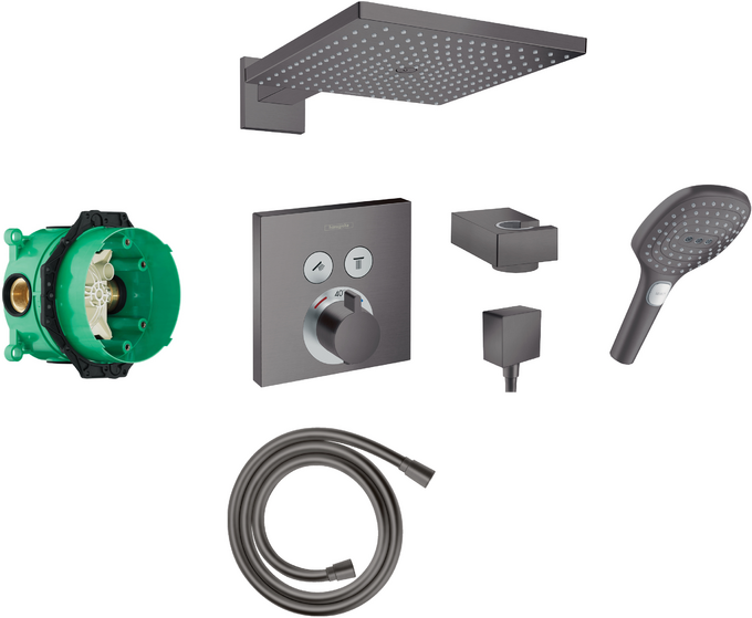 Square Select concealed valve with Raindance (300) overhead and Select hand shower BBC