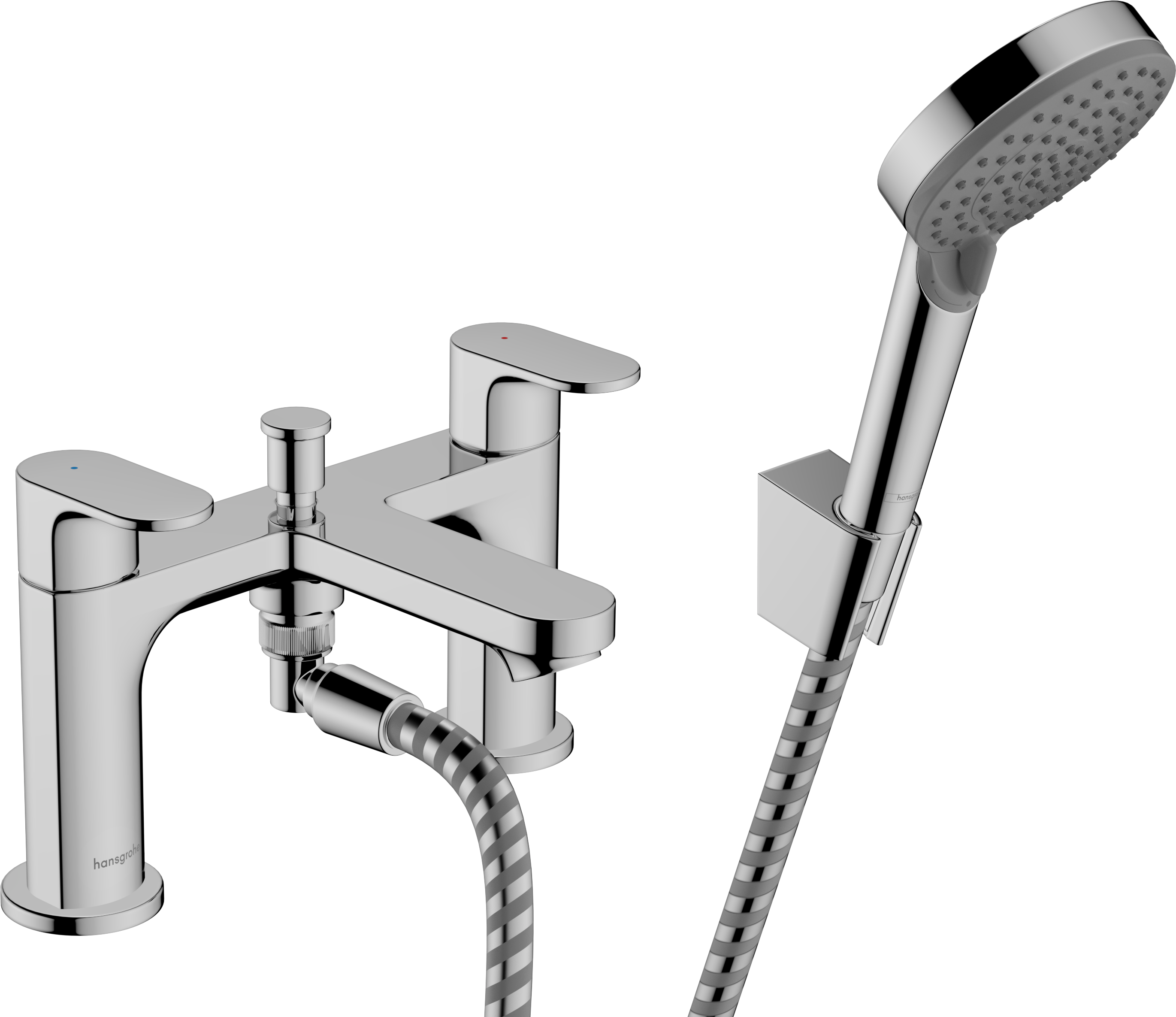 Rebris S 2-hole rim mounted bath mixer with diverter valve and Vernis Blend hand shower Vario