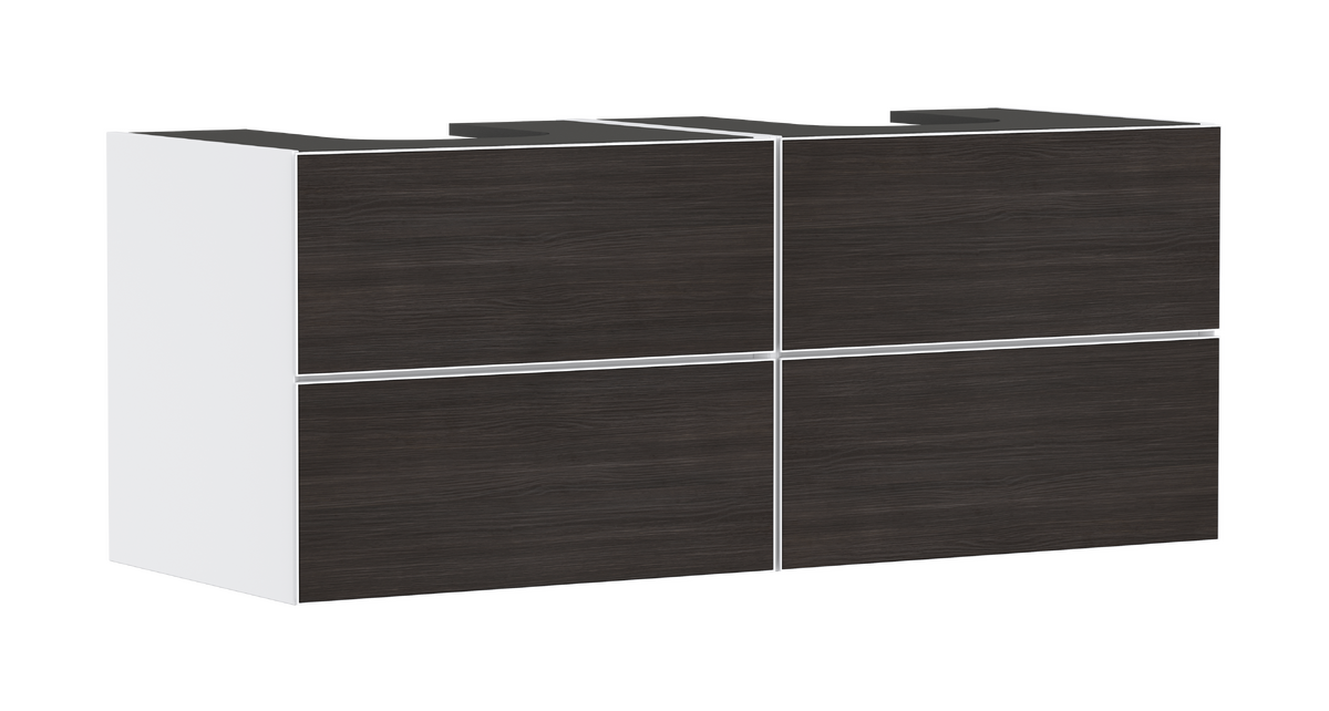Mueble de baño blanco mate 1370/550 con 4 cajones para consolas con 2 lavabos sobre encimera