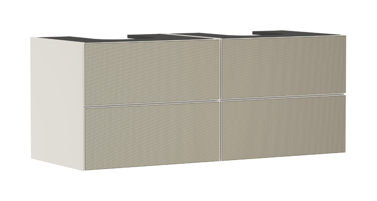 Mueble de baño beige arena mate 1370/550 con 4 cajones para consolas con 2 lavabos sobre encimera