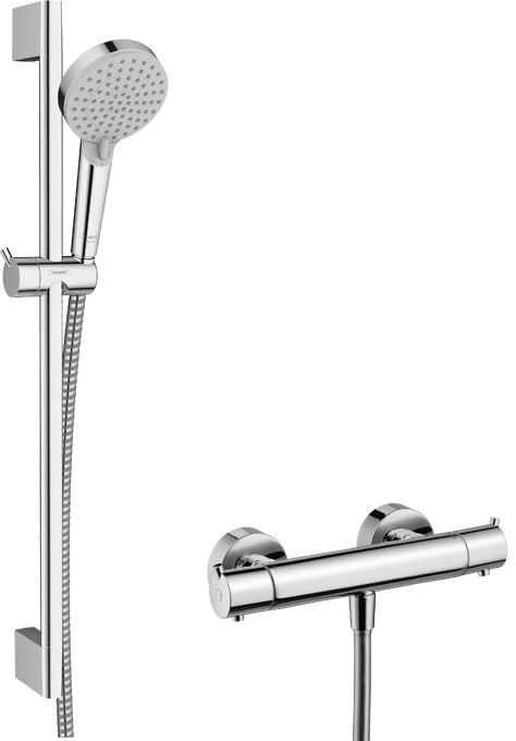 Shower system for exposed installation 100 Vario EcoSmart with thermostat Ecostat S and shower bar Crometta 65 cm