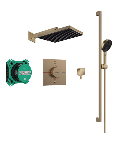 Pulsify 260 overhead and 3jet Relaxation hand shower, slide rail kit with square valve Brushed Bronze