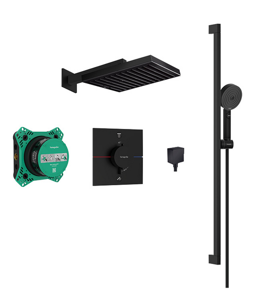 Pulsify 260 overhead and 3jet Relaxation hand shower, slide rail kit with square valve Matt Black