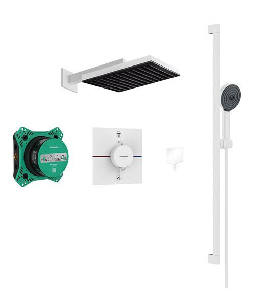 Pulsify 260 overhead and 3jet Relaxation hand shower, slide rail kit with square valve Matt White
