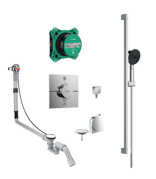 Pulsify 3jet Relaxation hand shower, slide rail kit and bath filler/waste with square valve