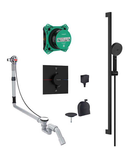 Pulsify 3jet Relaxation hand shower, slide rail kit and bath filler/waste with square valve