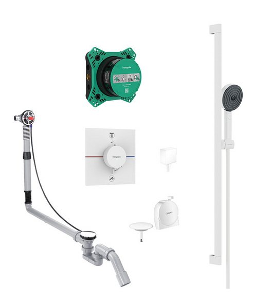 Pulsify 3jet Relaxation hand shower, slide rail kit and bath filler/waste with square valve