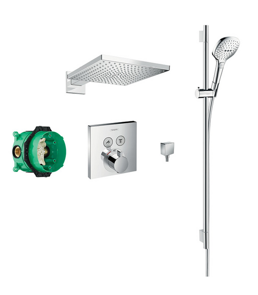 Raindance 300 overhead and 3jet hand shower, slide rail kit with square valve
