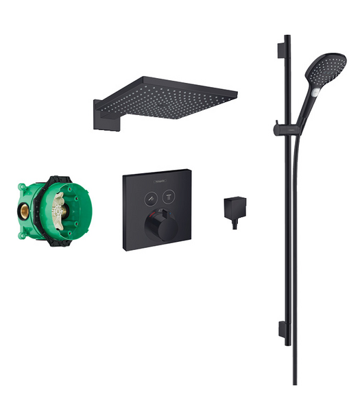 Raindance 300 overhead and 3jet hand shower, slide rail kit with square valve