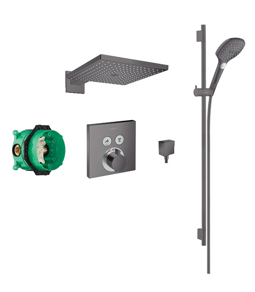 Raindance 300 overhead and 3jet hand shower, slide rail kit with square valve