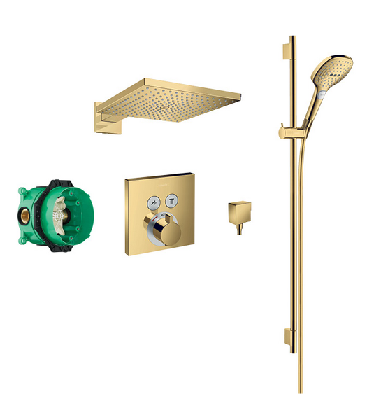Raindance 300 overhead and 3jet hand shower, slide rail kit with square valve