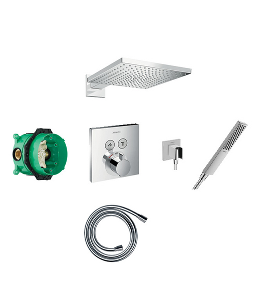 Raindance 300 overhead, baton hand shower and porter with square valve