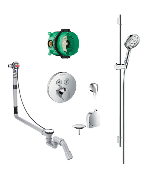 Raindance Select S 3jet hand shower, slide rail kit and bath filler/waste with round valve