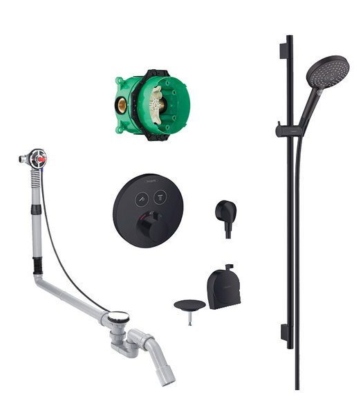 Raindance Select S 3jet hand shower, slide rail kit and bath filler/waste with round valve