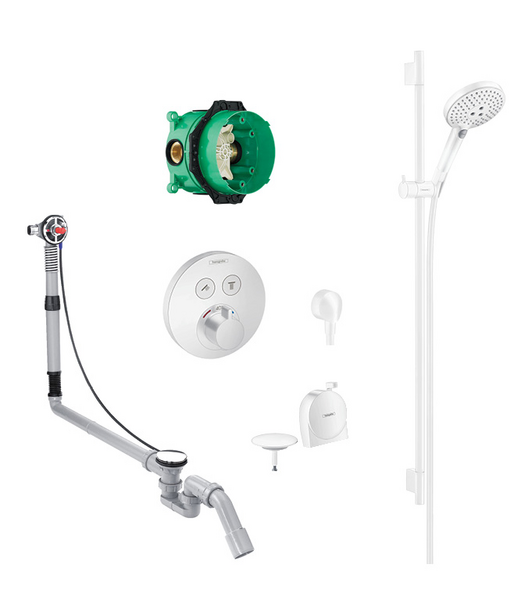 Raindance Select S 3jet hand shower, slide rail kit and bath filler/waste with round valve