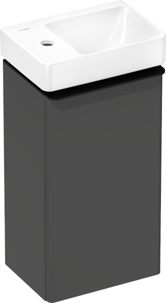 Vaskeskab mat diamantgrå 340/245, dørhængsel til venstre, med lille håndvask med hylde til venstre