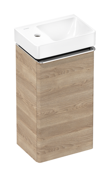 Vaskeskab naturlig eg 340/245, dørhængsel til venstre, med lille håndvask med hylde til venstre