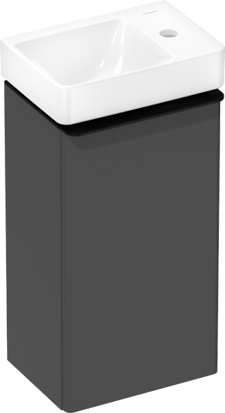 Vaskeskab mat diamantgrå 340/245, dørhængsel til højre, med lille håndvask med hylde til højre