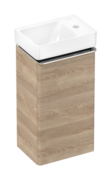 Vaskeskab naturlig eg 340/245, dørhængsel til højre, med lille håndvask med hylde til højre