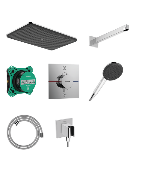 Brusersystem til indbygning 210/340 1jet med termostat med iBox universal 2, Ecostat Comfort E, bruserbøjning, håndbruser 125 og tekstilbruserslange 160 cm