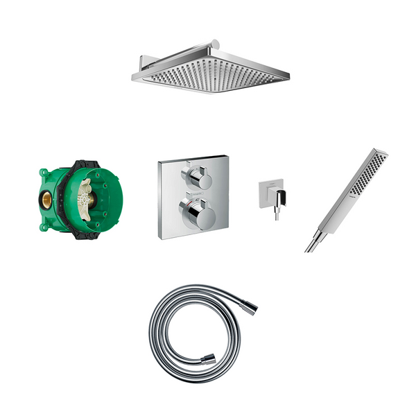 Crometta E 240 overhead and Pulsify E baton hand shower, Fixfit Porter with Ecostat square thermostat