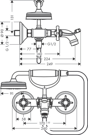 Miscelatore vasca 2 maniglie esterno con maniglie a croce