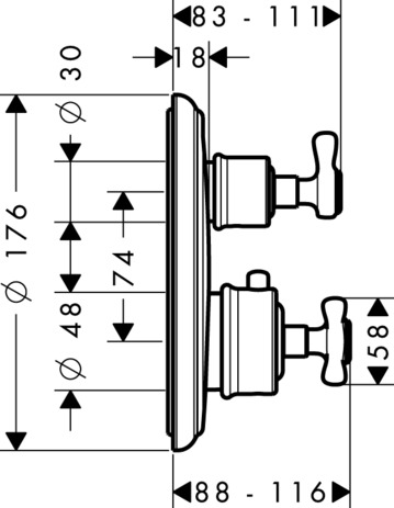 Thermostat for concealed installation with cross handle and shut-off/ diverter valve