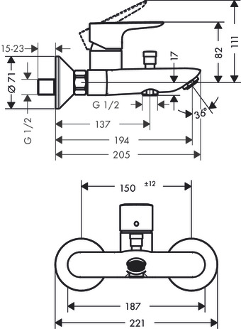 Single lever bath mixer for exposed installation 2 ticks