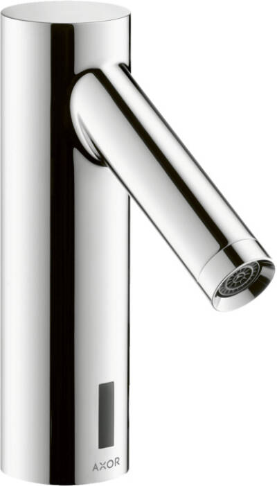 Electronic basin mixer with temperature pre-adjustment battery-operated