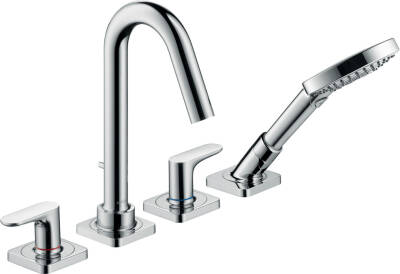 4-hole rim mounted bath mixer with lever handles and escutcheons