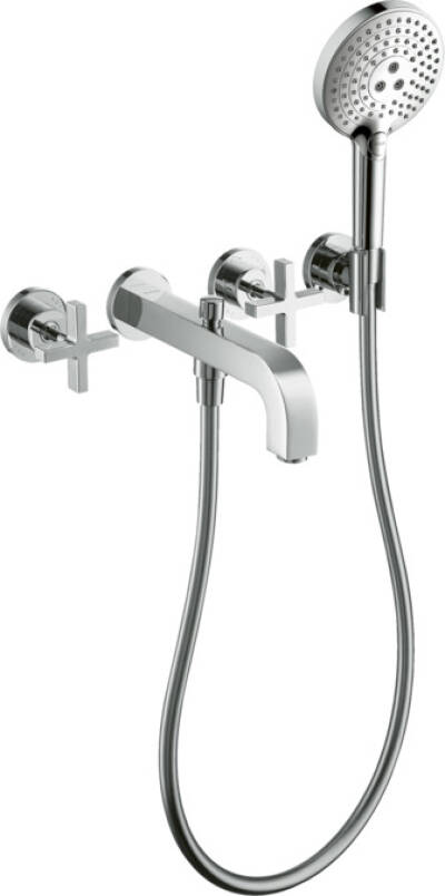 3-hole bath mixer for concealed installation wall-mounted with cross handles and escutcheons